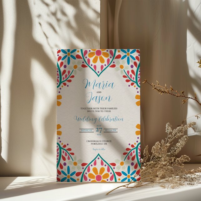 Mexikansk Blommigt Färgblommor Boda Bröllop Inbjudningar (Mexican Floral Colorful Flowers Boda Wedding Invitation)
