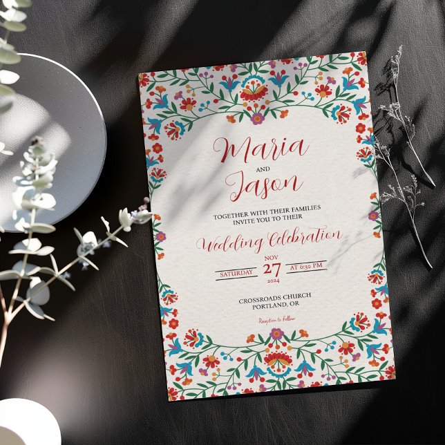 Mexikansk Blommigt Färgfull botaniskt rumänskt Brö Inbjudningar (Mexican Floral Colorful Botanical Romantic Wedding Invitation)