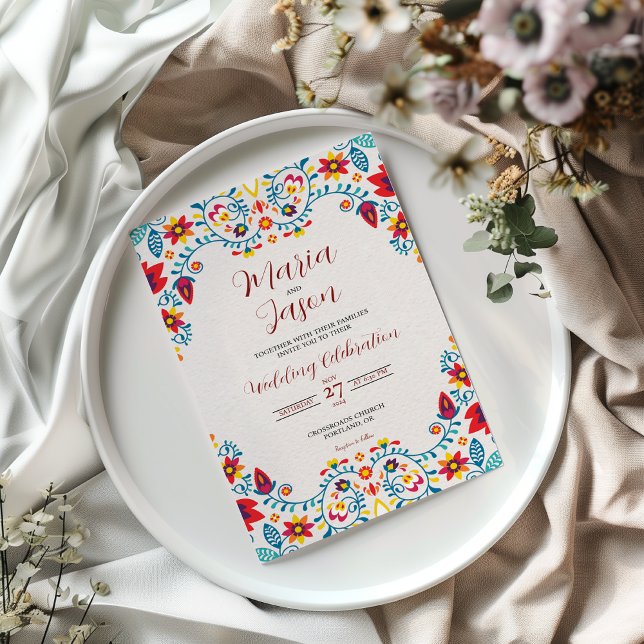 Mexikansk Blommigt Färgfull Elegant Boda Bröllop Inbjudningar (Mexican Floral Colorful Elegant Boda Wedding Invitation)
