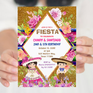 Mexikansk Blommigt Fiesta Syskon med födelsedag Inbjudningar