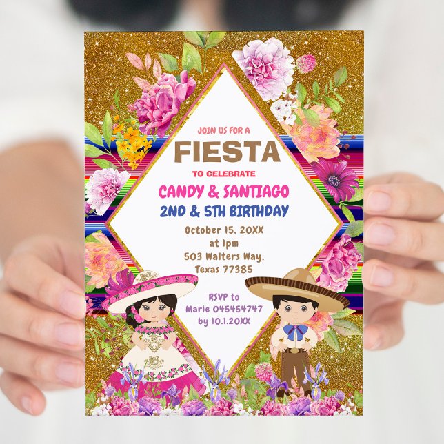 Mexikansk Blommigt Fiesta Syskon med födelsedag Inbjudningar (Skapare uppladdad)