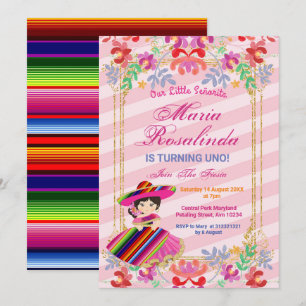 Mexikansk Blommigt Girl Fiesta 1:a födelsedag Inbjudningar