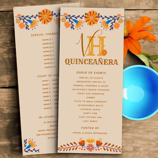 Mexikansk Blommigt Monogrammed Western Quinceanera Program (Monogrammed programs for Quinceanera or other occasion with western boho mexican floral design)