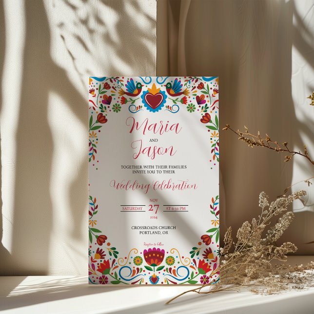 Mexikansk Blommigt Otomi Colorful Fiesta Bröllop Inbjudningar (Mexican Floral Otomi Colorful Fiesta Wedding Invitation)