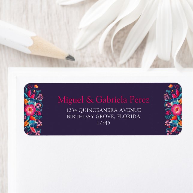 Mexikansk Blommigt Quinceanera-Returadress Returadress Etikett (Insitu)