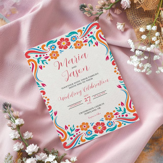 Mexikansk Blommigt Traditional Folk Art Bröllop Inbjudningar (Mexican Floral Traditional Folk Art Wedding Invitation)