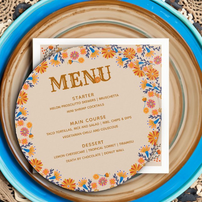 Mexikansk Blommigt Western Earthy Boho Tan Blue Meny (Round Menu cards with for Quinceanera or other occasion with western boho mexican floral design)
