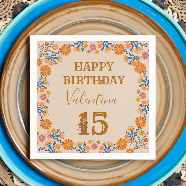 Mexikansk Blommigt Western Grattis på födelsedagen Pappersservett (Personalized Happy Birthday napkins with editable age from my mexical floral collection)