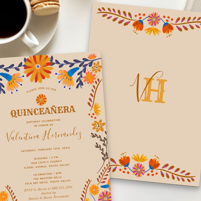 Mexikansk Blommigt Western quinceanera och massa Inbjudningar (Quince's monogram on the back)