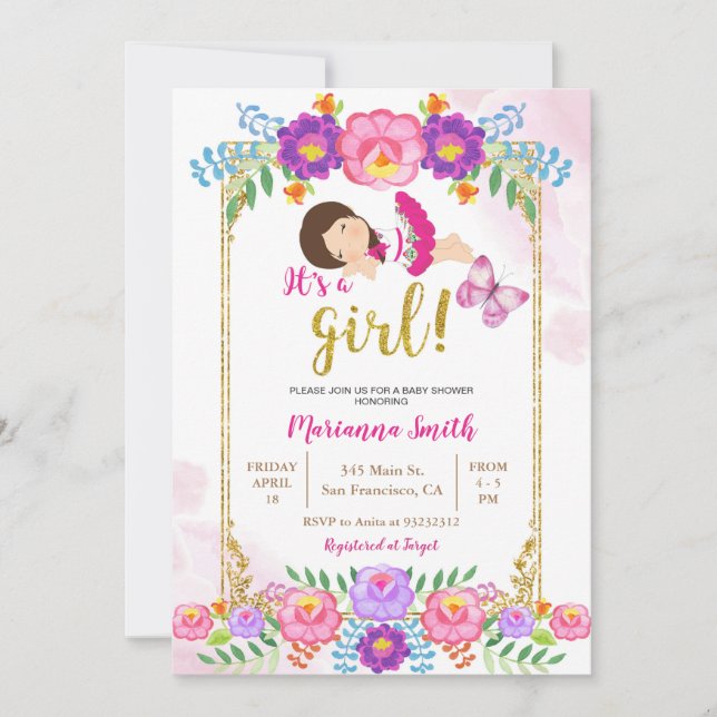 Mexikansk blomster fjärils fiesta baby shower  inbjudningar (Framsida)