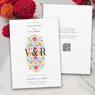 Mexikansk blomster rancho elegant modern QR bröllo Spara Datumet
