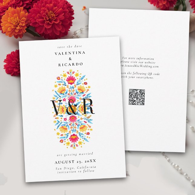 Mexikansk blomster rancho elegant modern QR bröllo Spara Datumet (mexican wedding save the date floral fiesta rancho modern elegant monograms initials QR code)