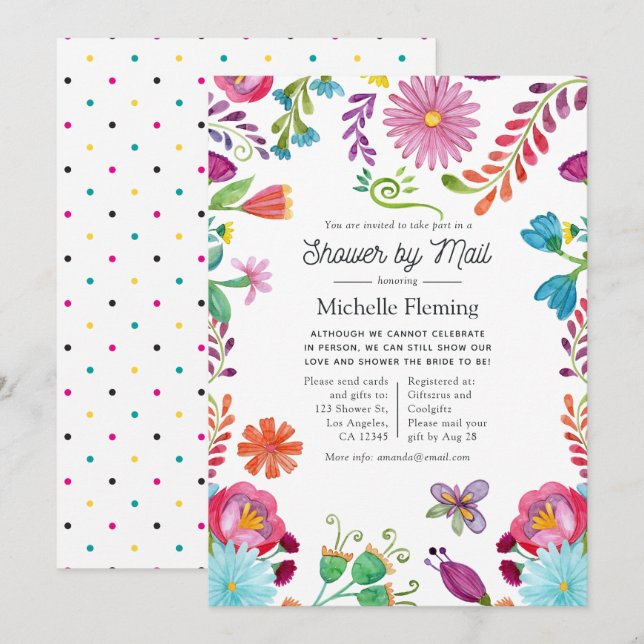 Mexikansk blomsterfiesta bröllopsdusch via post inbjudningar (Fram/baksida)