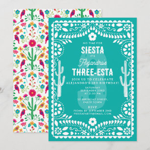Mexikansk blomsterfiesta turkos Tre-Esta 3-årsdag Inbjudningar