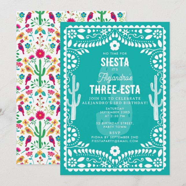 Mexikansk blomsterfiesta turkos Tre-Esta 3-årsdag Inbjudningar (Fram/baksida)