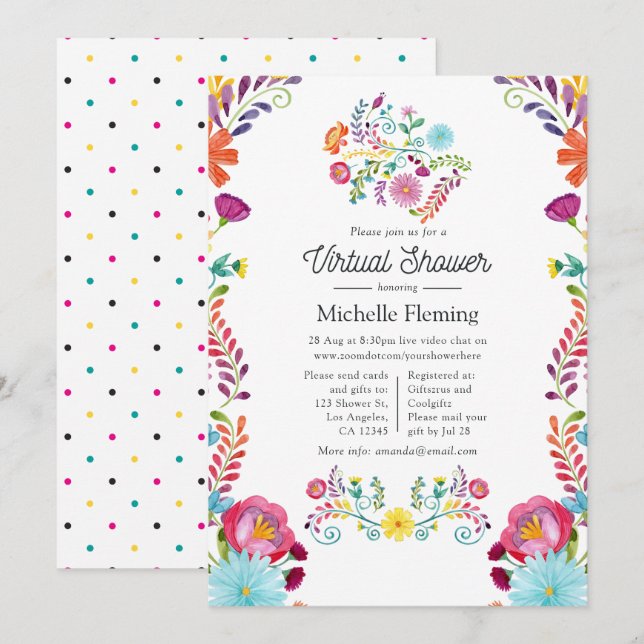 Mexikansk blomsterfiesta virtuell baby shower inbjudningar (Fram/baksida)