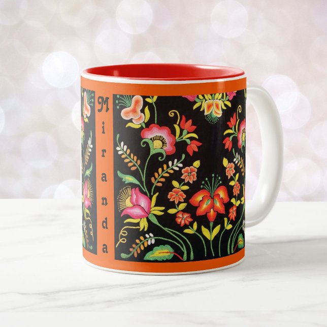 Mexikansk broderiBlommigt DITT NAMN Kaffe Kopp Red (Skapare uppladdad)