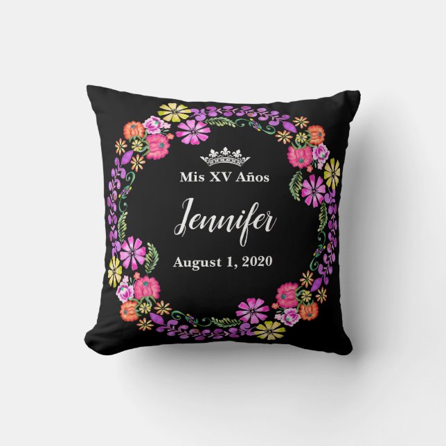 Mexikansk broderier Mis XV Recuerdo 16-tums Pillow Kudde (Framsida)