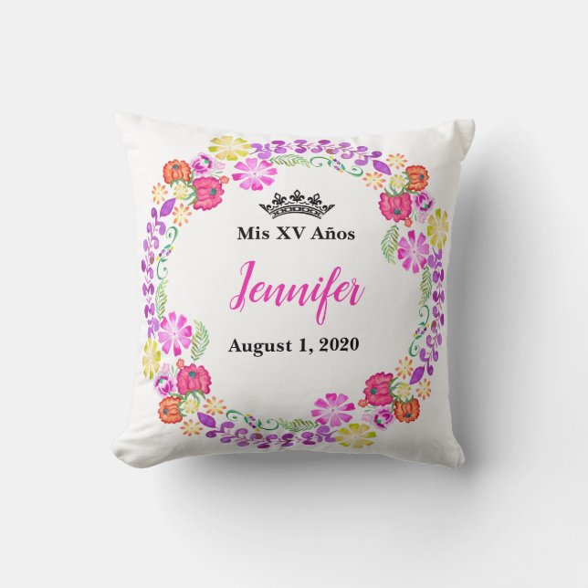 Mexikansk broderier Mis XV Recuerdo 16-tums Pillow Kudde (Framsida)