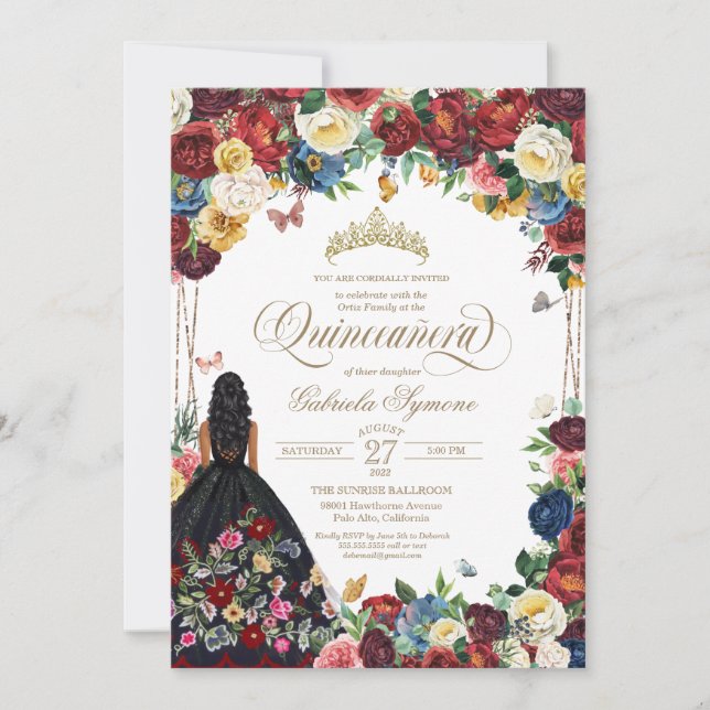 Mexikansk broderiy Butterfly Blommigt quinceanera  Inbjudningar (Framsida)