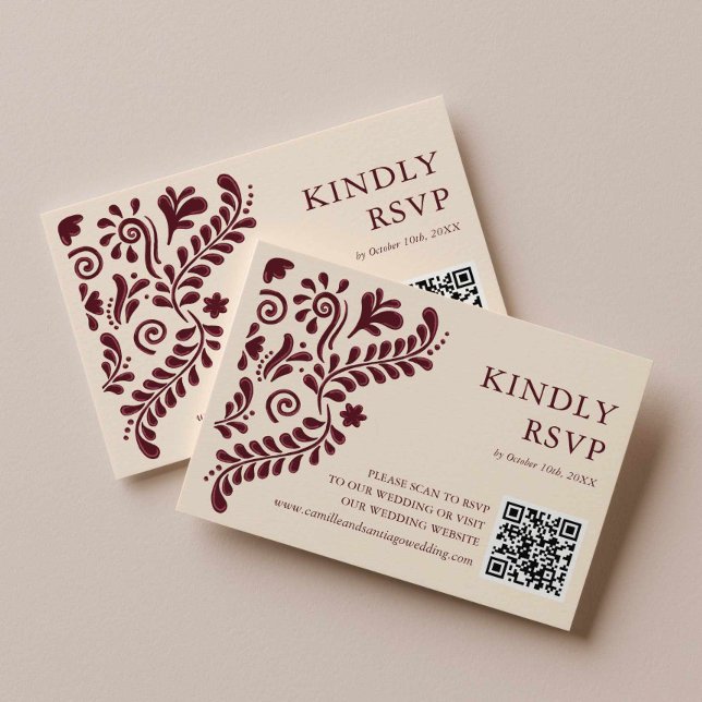 Mexikansk Burgundy Bröllops QR-kod OSA Kort (Burgundy Talavera Kindly Rsvp Card)