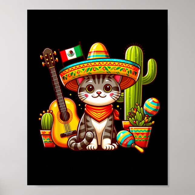 Mexikansk cat Cinco De Mayo Kitten Låt oss Fiesta  Poster (Framsidan)