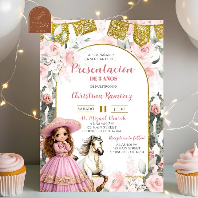 Mexikansk Charra Rosa Blommig Flickpresentationsfe Inbjudningar (Skapare uppladdad)