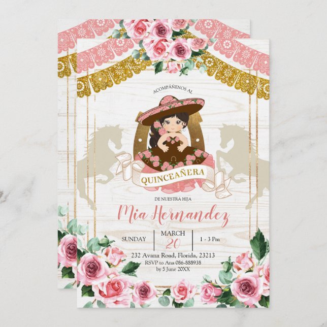 Mexikansk charra Rosa ros Quinceanera Western Inbjudningar (Fram/baksida)
