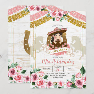 Mexikansk Charra Rosa Ros Quinceanera Western Inbjudningar