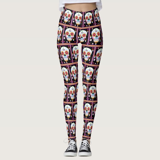 Mexikansk Day of the dead Sugar Skull, Helgdag Leggings (Framsida)