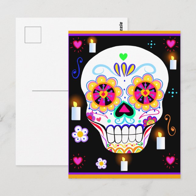 Mexikansk Day of the dead Sugar Skull, Helgdag Vykort (Fram/baksida)
