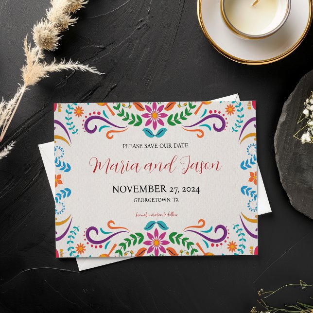 Mexikansk Elegant Färgfull Blommigt Fiesta Bröllop Spara Datumet (Mexican Elegant Colorful Floral Fiesta Wedding Save The Date)