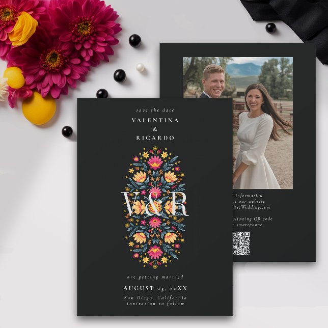 Mexikansk Elegant Modern Blommigt QR Photo Bröllop Spara Datumet (mexican wedding save the date fiesta rancho mexico hacienda floral elegant modern qr code photo)