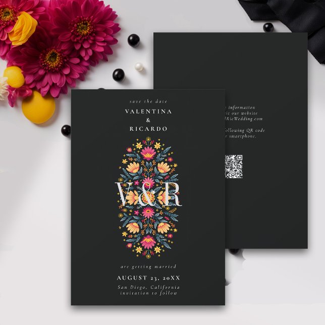 Mexikansk Elegant Modern Blommigt Rancho QR Bröllo Spara Datumet (mexican wedding save the date fiesta rancho mexico hacienda floral elegant modern qr code monograms)