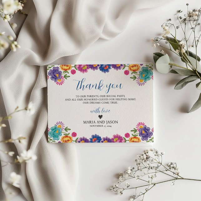Mexikansk färgfull Blommigt Botaniska Fiesta Bröll Tack Kort (Mexican Colorful Floral Botanical Fiesta Wedding Thank You Card)