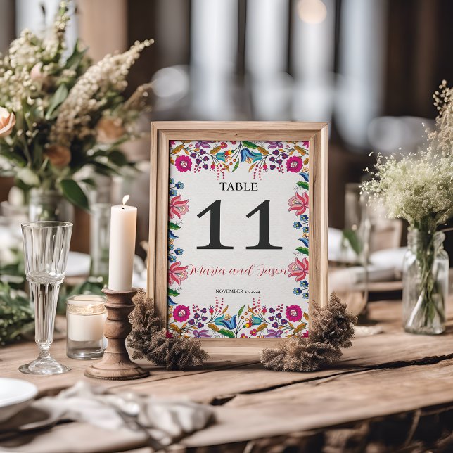 Mexikansk färgfull Blommigt Botaniskt Modern Bröll Bordsnummer (Mexican Colorful Floral Botanical Modern Wedding Table Number)