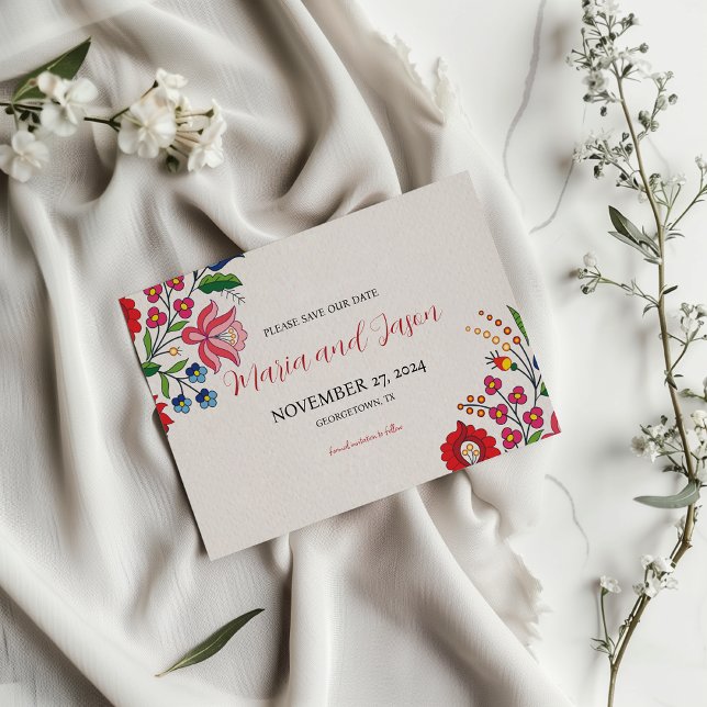 Mexikansk färgfull Blommigt Botaniskt Modern Bröll Spara Datumet (Mexican Colorful Floral Botanical Modern Wedding Save The Date)