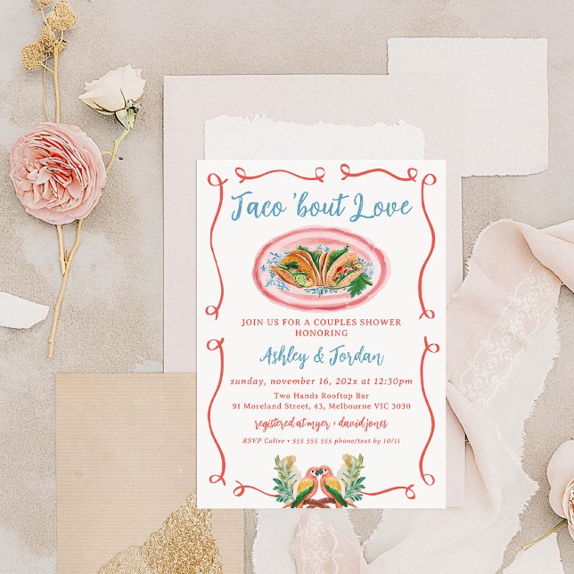 Mexikansk färgfull tako om Kärlek Par Shower Inbjudningar (Whimsical Taco 'bout Love Couples Shower Invitation, Mexican Colorful Love Birds, Trendy Taco Couple)