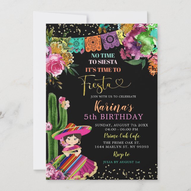 Mexikansk färgstark fiesta-Blommigt 5:e Födelsedag Inbjudningar (Framsida)