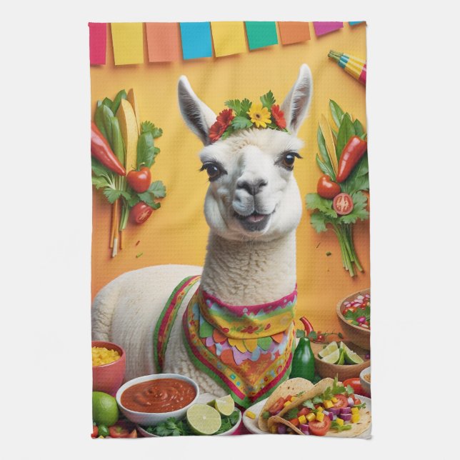 Mexikansk Feast Cute Llama Kökshandduk (Vertikal)