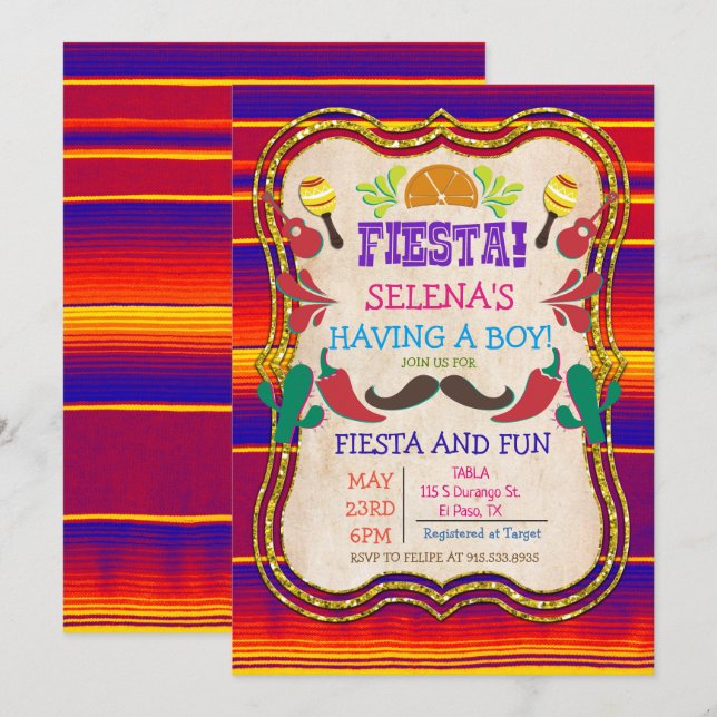 Mexikansk Fiesta Bebisdopp Inbjudan (Fram/baksida)