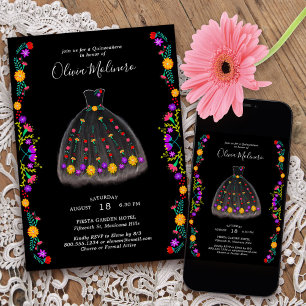 Mexikansk fiesta Black Charro Dress Quinceanera Inbjudningar