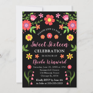 Mexikansk Fiesta Blommig och Svart Sweet Sixteen Inbjudningar