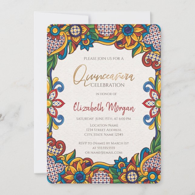 Mexikansk Fiesta Blommig Quinceañera Inbjudningar (Framsida)