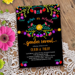 Mexikansk Fiesta Blommig Svart Färgglad Könsuppvis Inbjudningar