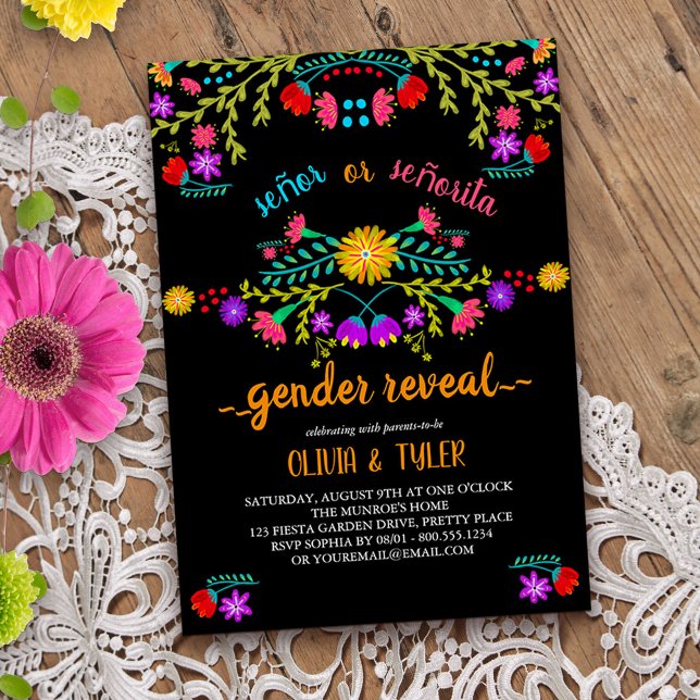 Mexikansk Fiesta Blommig Svart Färgglad Könsuppvis Inbjudningar (Gender reveal invitation from my Mexican Fiesta Floral collection
)