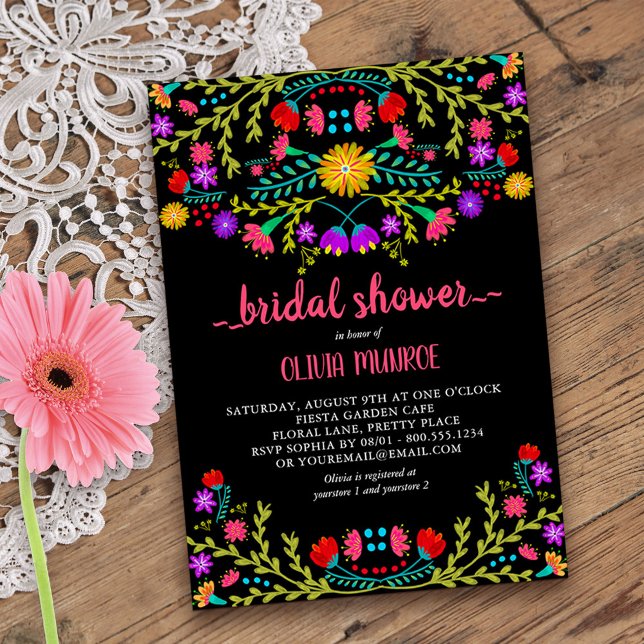 Mexikansk Fiesta Blommigt Black Colorful Möhippa Inbjudningar (Bridal Shower invitation from my Mexican Fiesta Floral collection)