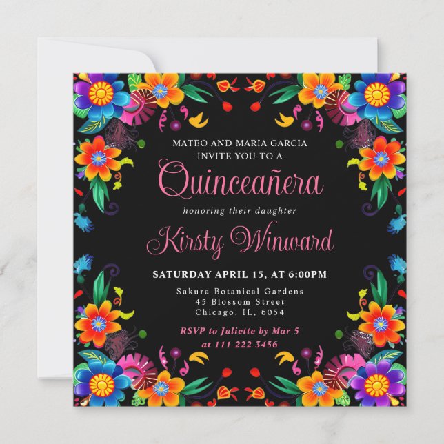 Mexikansk fiesta Blommigt Black Quinceanera Inbjudningar (Framsida)