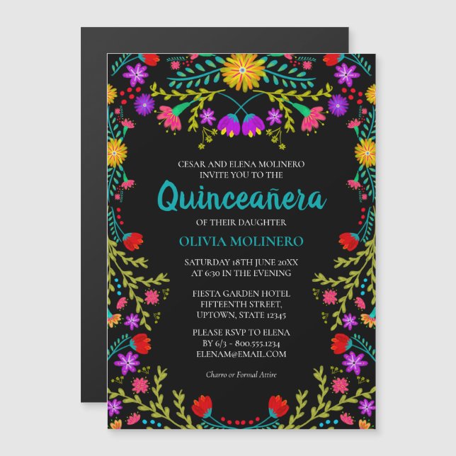 Mexikansk fiesta Blommigt Black Quinceanera Party Magnetisk Inbjudningskort (Fram/baksida)