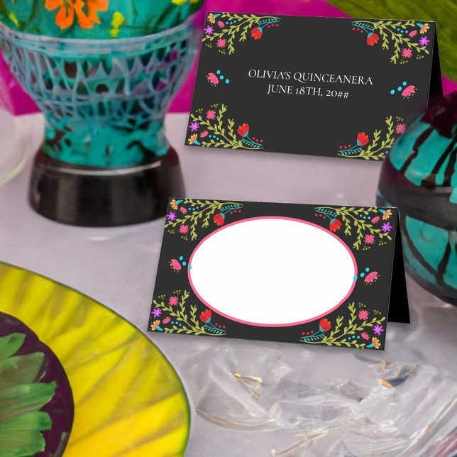 Mexikansk fiesta-Blommigt med Namn Ram Placeringskort (Place card with space for guest name, personalized on the back and colorful mexican fiesta flowers)